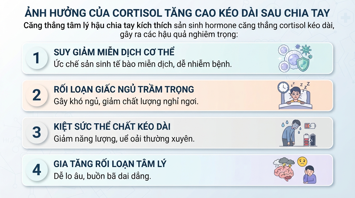 Nồng độ cortisol tăng kéo dài làm suy giảm miễn dịch và gây rối loạn giấc ngủ nghiêm trọng.