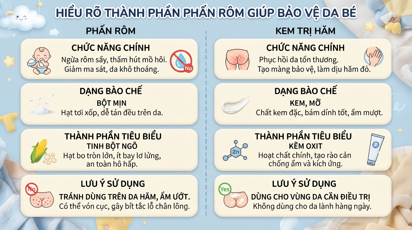 Phấn rôm là gì? Tìm hiểu thành phần, tác dụng và cách dùng phù hợp cho bé