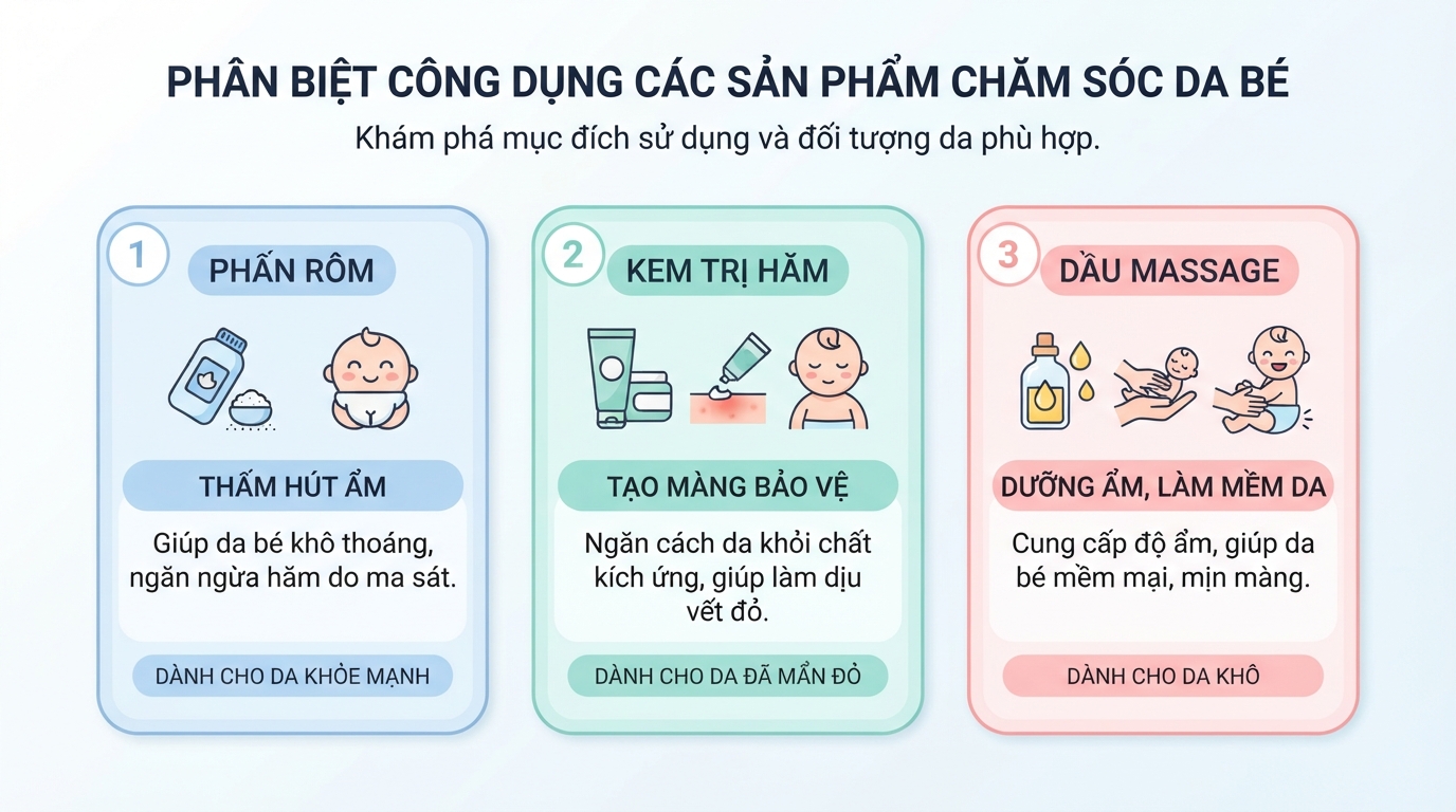 Phân biệt công dụng thực tế của ba sản phẩm chăm sóc da bé thường gặp.