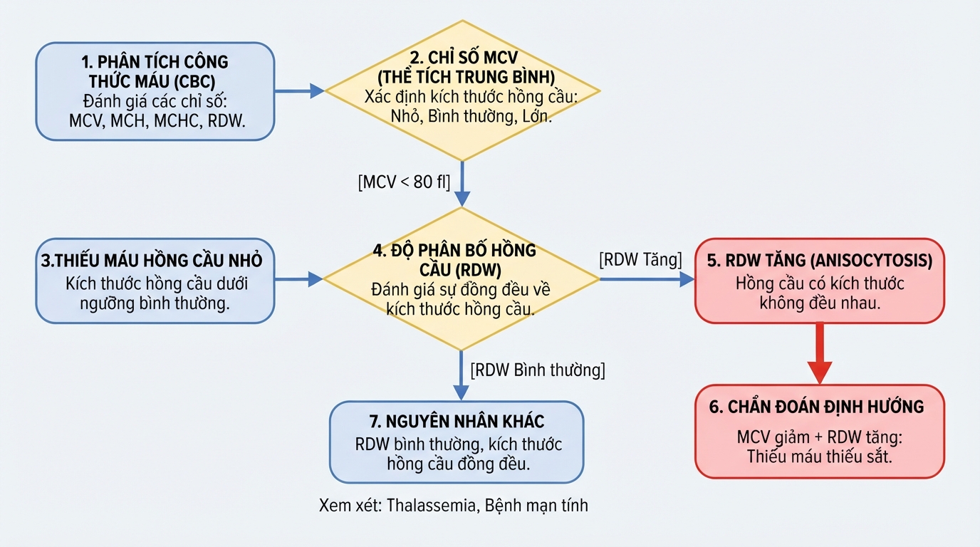 Phân loại nguyên nhân thiếu máu dựa trên kích thước và độ đồng đều của tế bào hồng cầu.