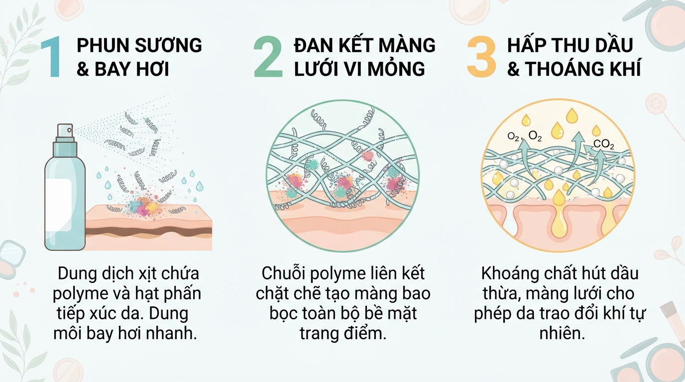 Polyme trong xịt khoá nền tạo màng vi mỏng giúp giữ lớp phấn bám chặt.