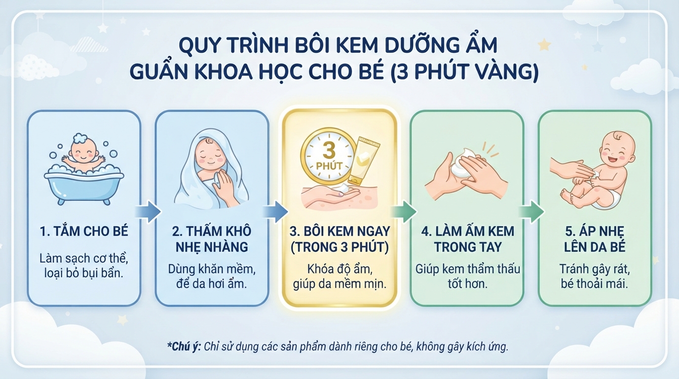 Quy trình bôi kem dưỡng ẩm chuẩn khoa học trong ba phút sau khi tắm.