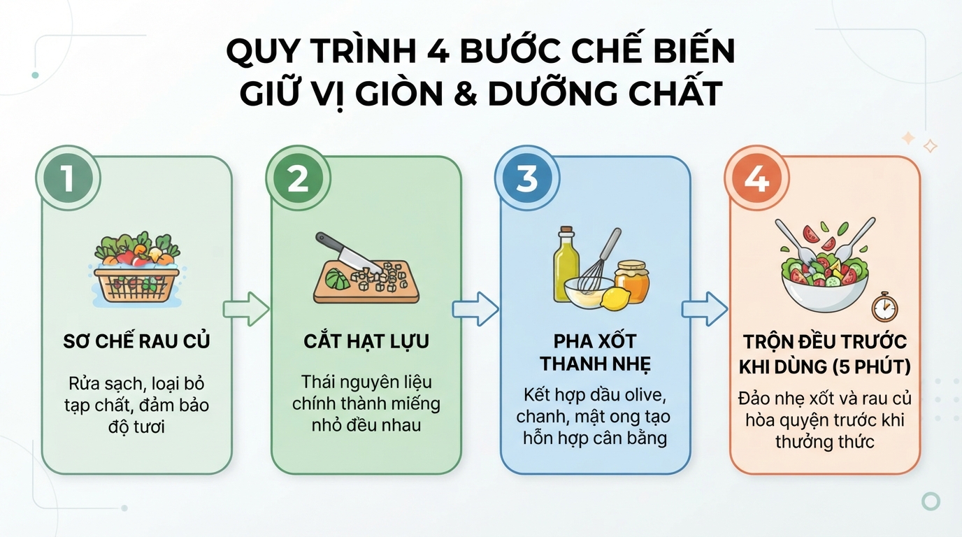 Quy trình bốn bước chế biến giúp giữ nguyên vị giòn mọng cùng dưỡng chất tự nhiên.