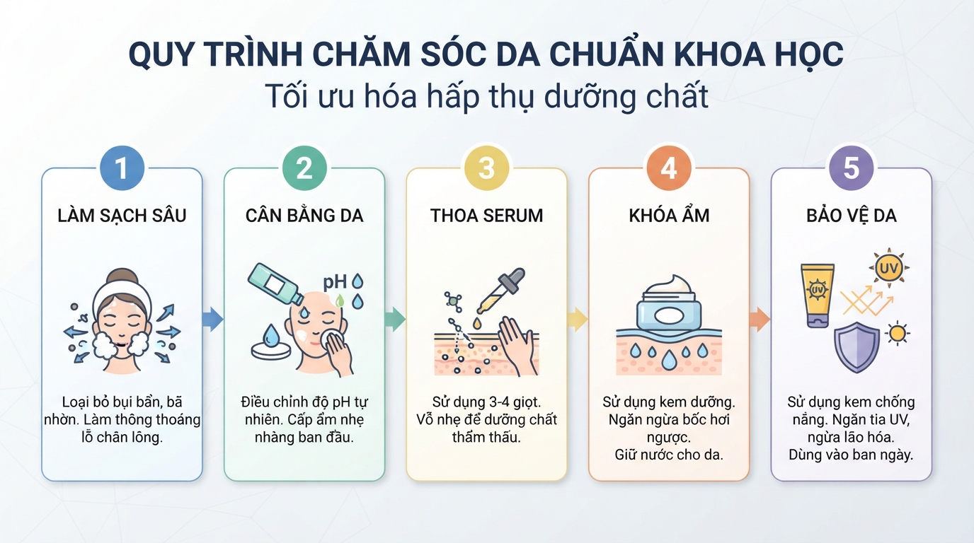 Quy trình chăm sóc da chuẩn khoa học giúp tối ưu hóa hấp thụ dưỡng chất.