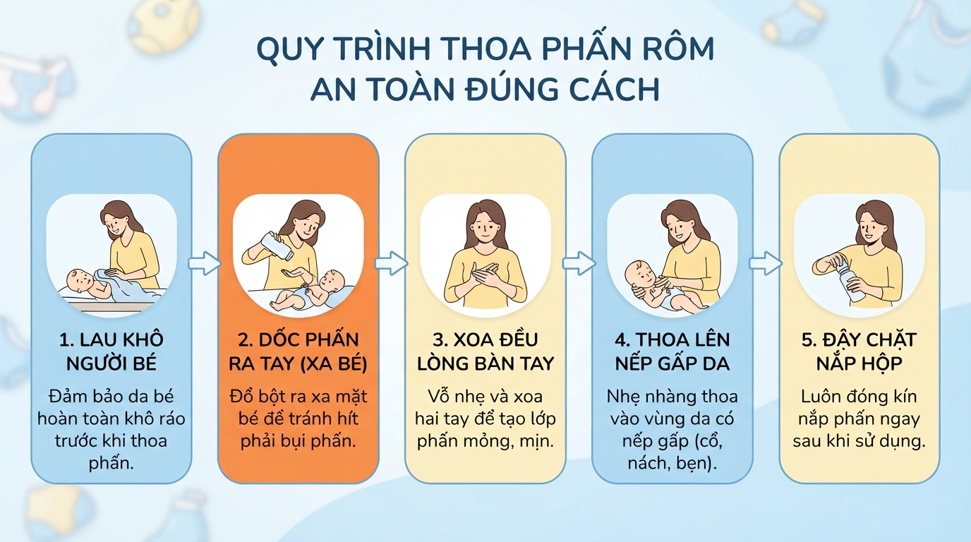 Quy trình thoa bột đúng kỹ thuật bảo vệ tối đa sức khỏe cho bé.