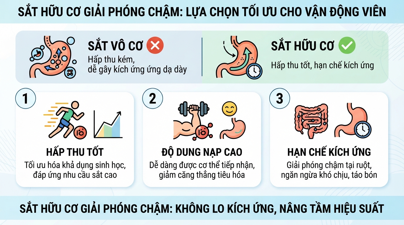 Sắt hữu cơ giải phóng chậm tại ruột giúp hạn chế tối đa nguy cơ kích ứng dạ dày.