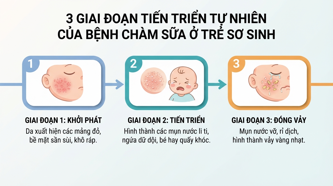 Sơ đồ 3 giai đoạn tiến triển tự nhiên của bệnh chàm sữa ở trẻ sơ sinh.