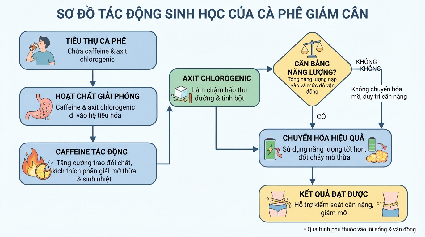 Sơ đồ tác động sinh học của cà phê giảm cân tới quá trình chuyển hóa năng lượng.
