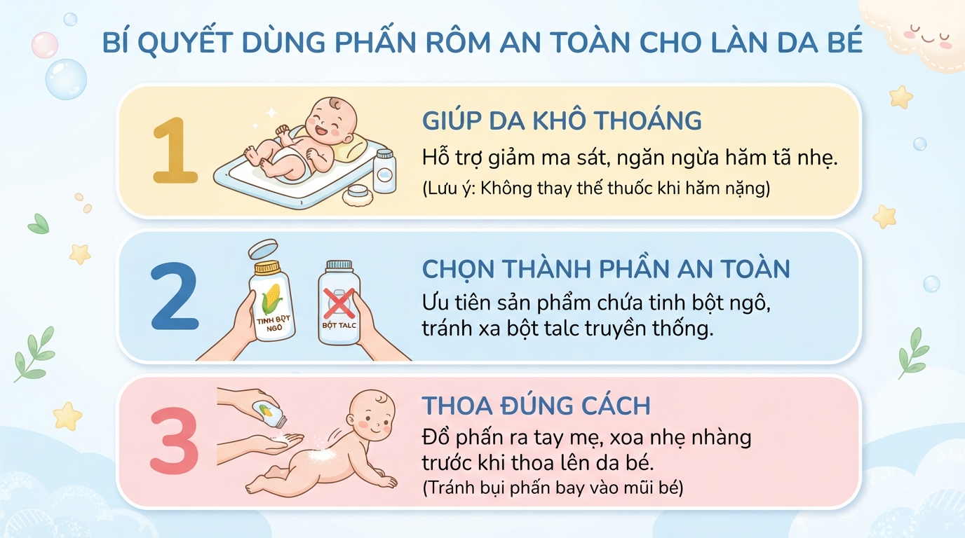 Phấn rôm là gì? Tìm hiểu thành phần, tác dụng và cách dùng phù hợp cho bé