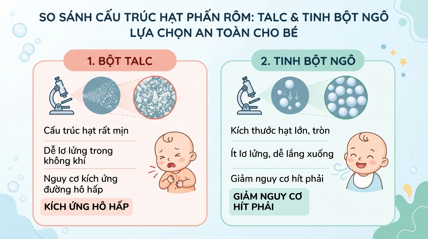 So sánh cấu trúc hạt của hai loại bột phấn rôm giúp mẹ dễ chọn mua.
