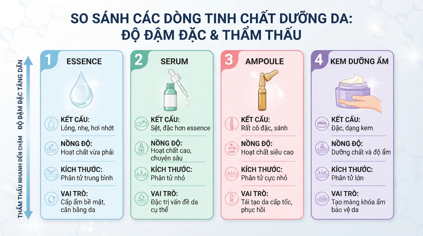 So sánh độ đậm đặc và khả năng thẩm thấu của các dòng tinh chất dưỡng da.