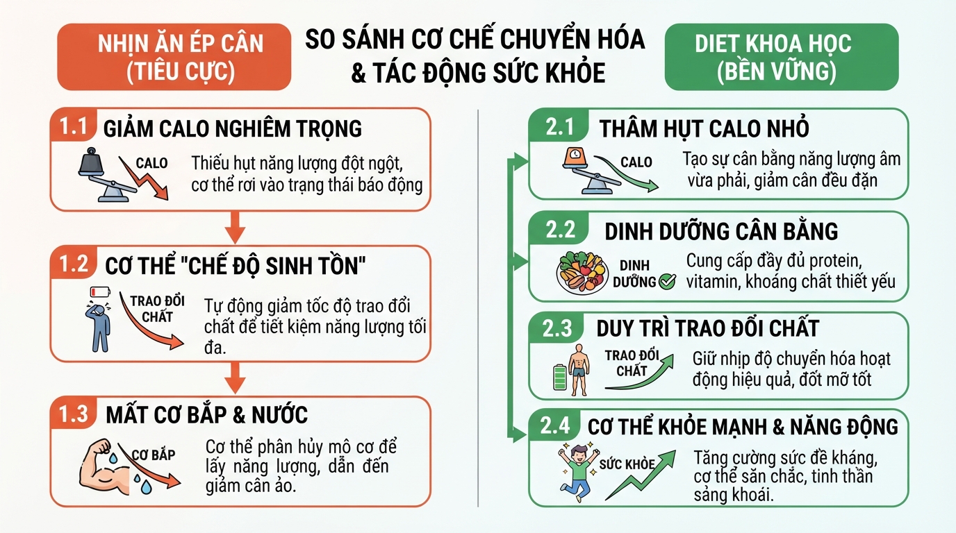 Sự khác biệt về cơ chế chuyển hóa giữa nhịn ăn ép cân và diet khoa học.