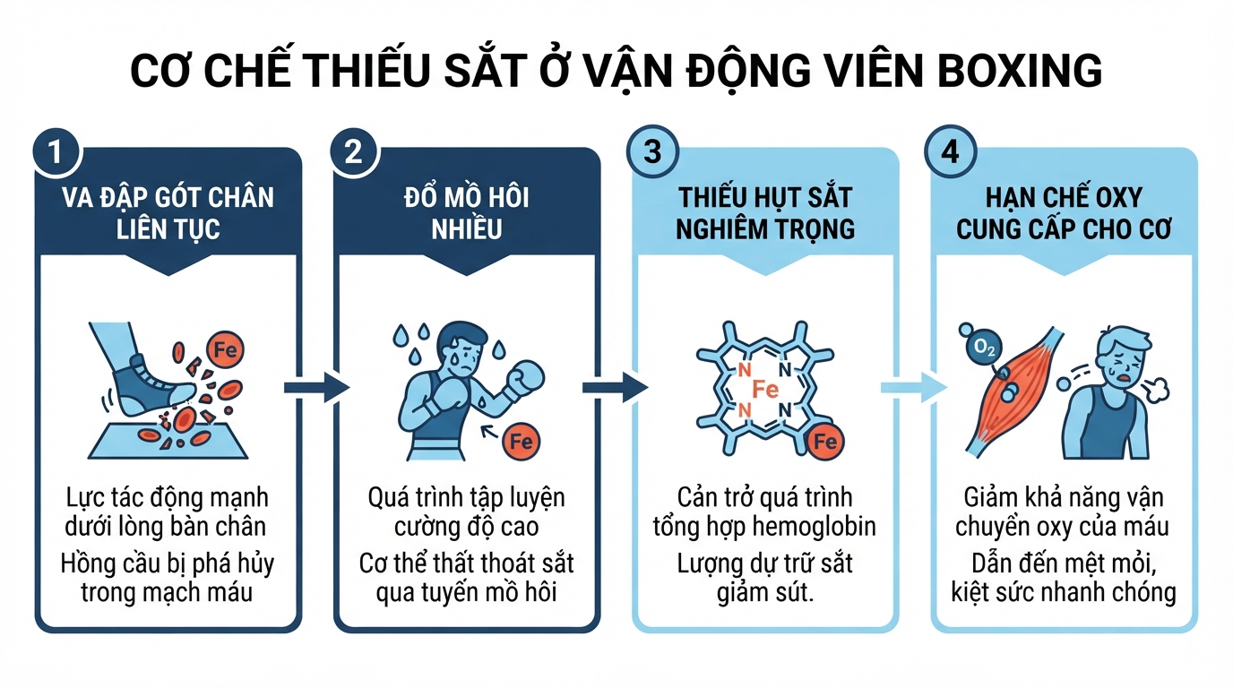 Sự va đập gót chân liên tục làm vỡ hồng cầu, gây thiếu hụt sắt nghiêm trọng.