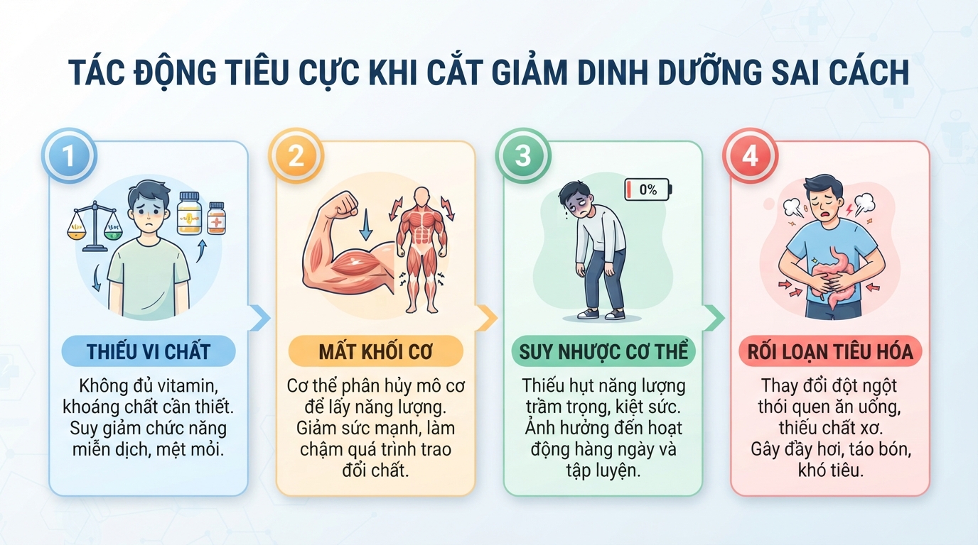 Tác động tiêu cực tới chuyển hóa và cơ bắp khi cắt giảm dinh dưỡng sai cách.