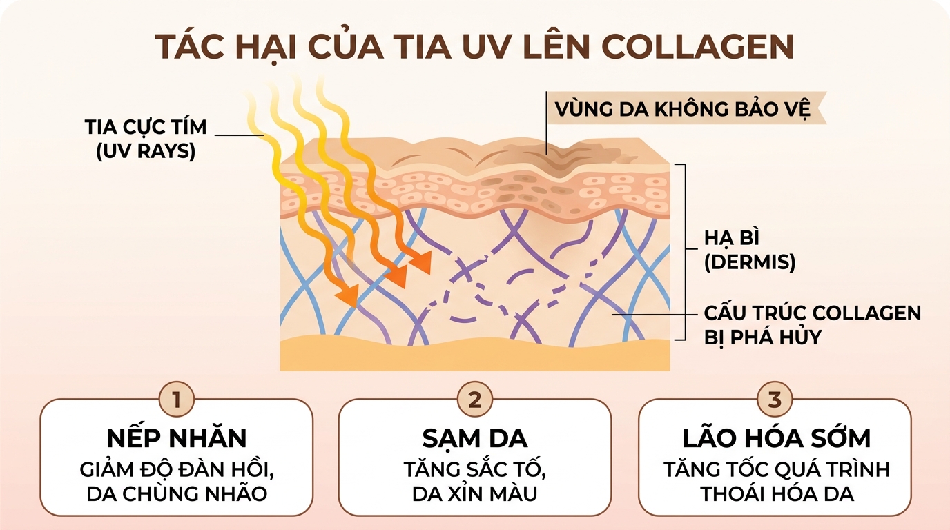 Tác hại của tia UV gây sụt giảm collagen trên vùng da không được bảo vệ.