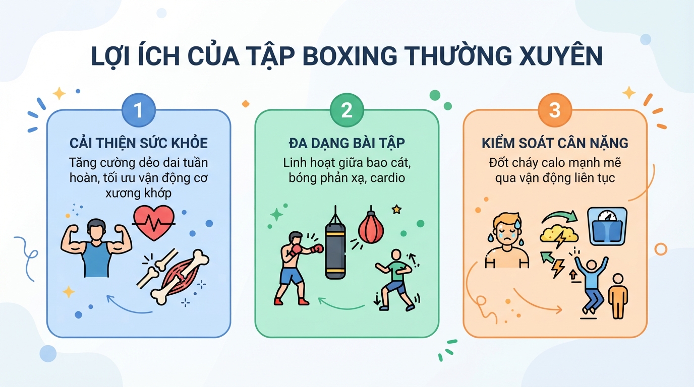 Tập boxing thường xuyên giúp tăng sức bền hệ tuần hoàn và kiểm soát cân nặng.