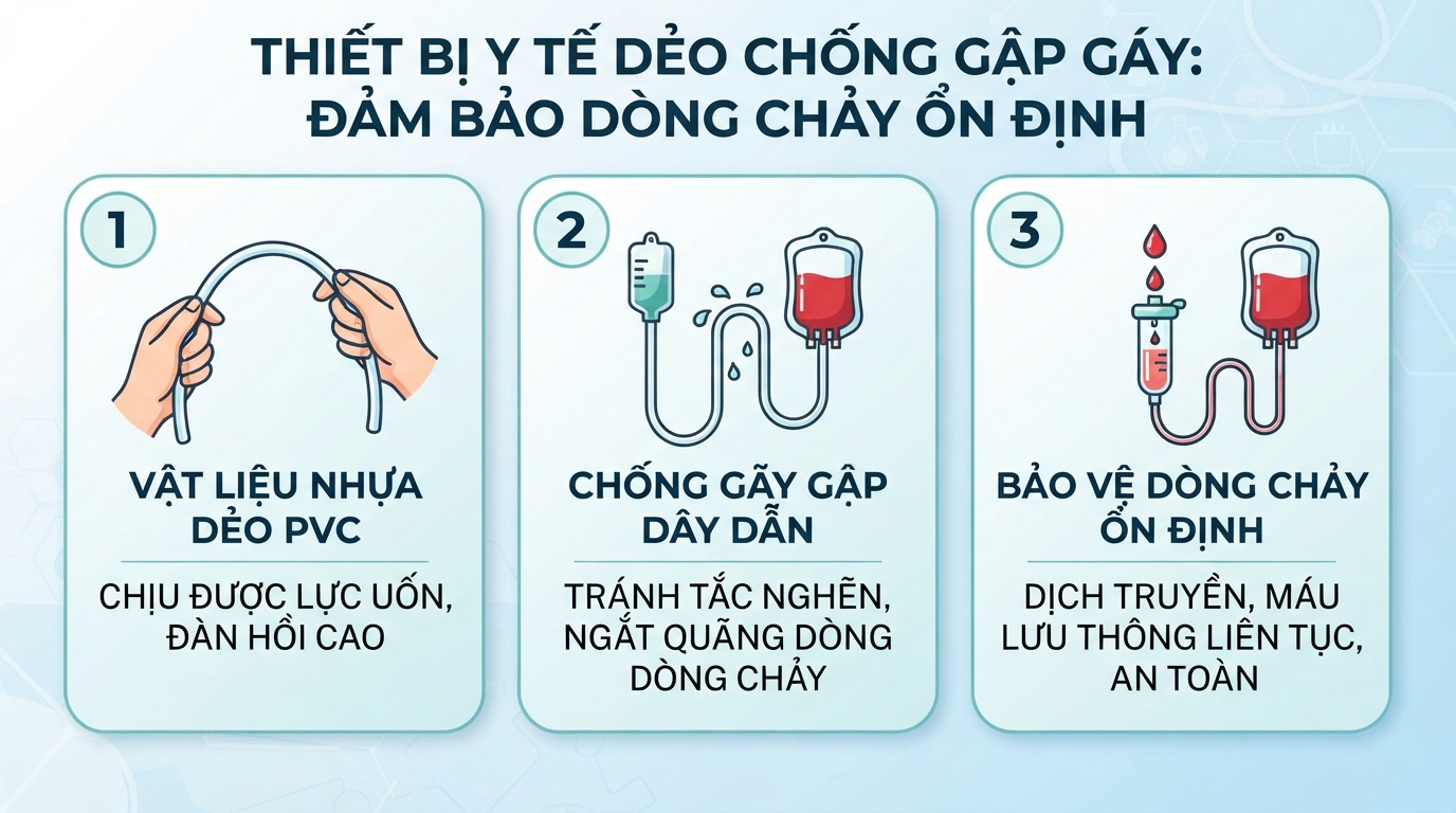 Thiết bị y tế dẻo chống gập gãy giúp dịch truyền lưu thông ổn định.