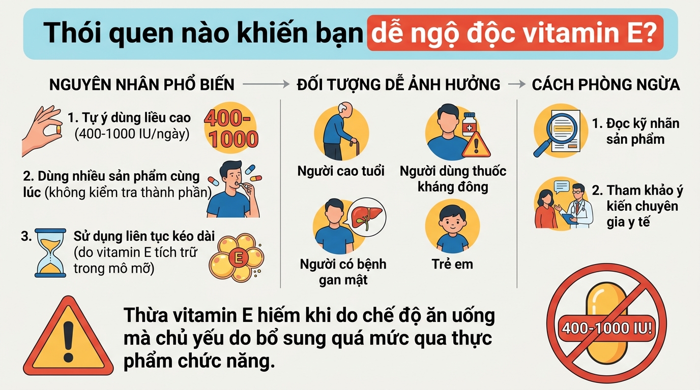Thừa vitamin E: Dấu hiệu, tác hại và giới hạn liều dùng phù hợp