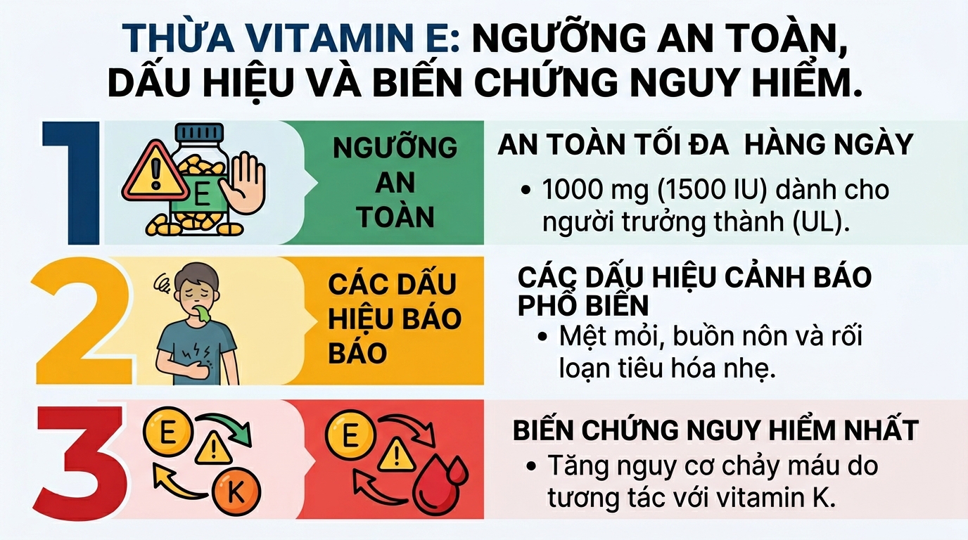 Thừa vitamin E: Dấu hiệu, tác hại và giới hạn liều dùng phù hợp