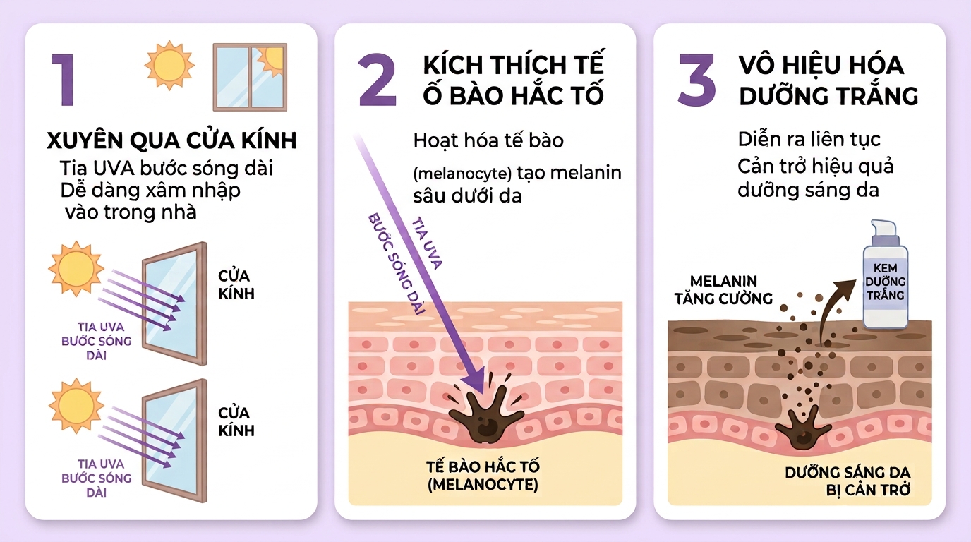 Tia UVA xuyên kính kích hoạt hắc tố melanin, ngăn cản hiệu quả dưỡng trắng da.