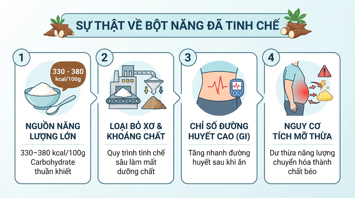 Tinh bột sắn đã qua tinh chế sâu nên mất hầu hết chất xơ và khoáng chất.