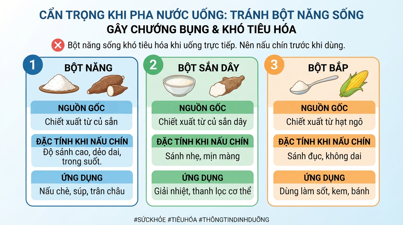 Tránh dùng bột năng sống pha nước uống trực tiếp để không bị chướng bụng tiêu hóa.