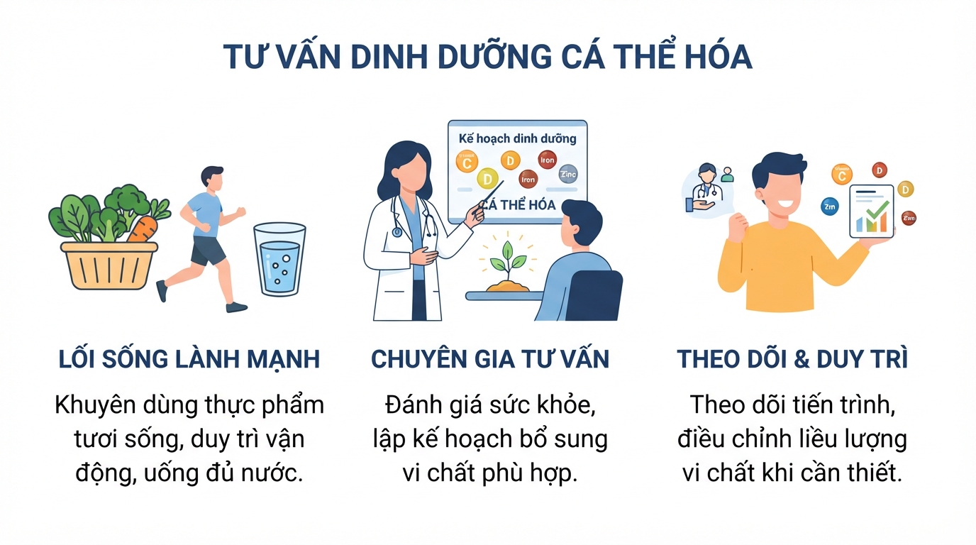 Tư vấn cá thể hóa dinh dưỡng và vi chất cùng chuyên gia y tế uy tín.