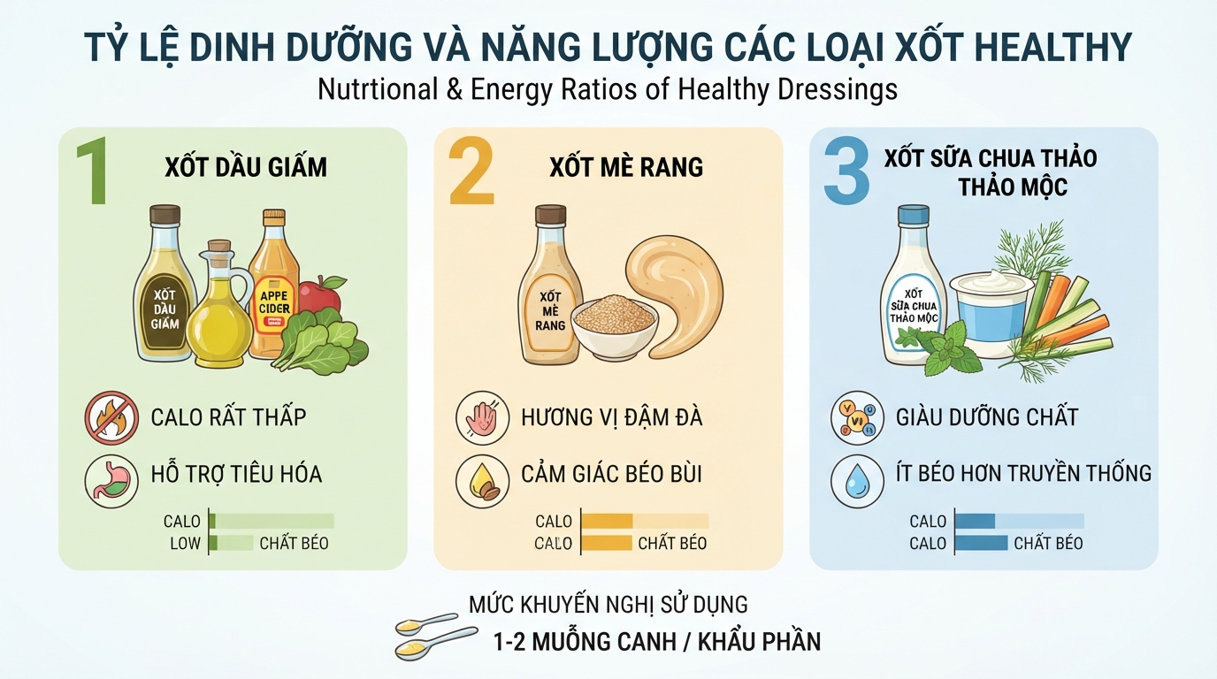 Tỷ lệ dinh dưỡng và năng lượng của ba dòng nước xốt healthy phổ biến hiện nay.