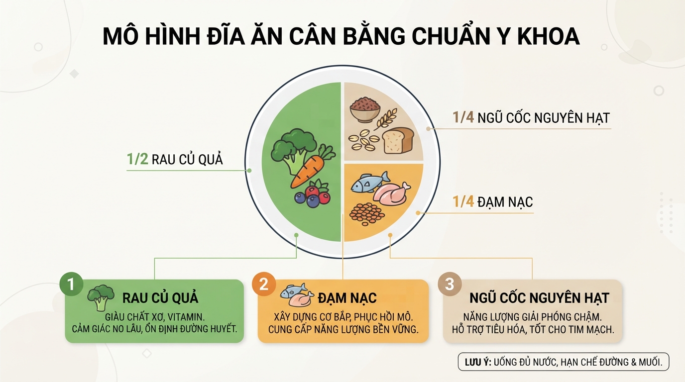 Tỷ lệ phân bổ từng nhóm thực phẩm chuẩn y khoa trên đĩa ăn balanced plate.