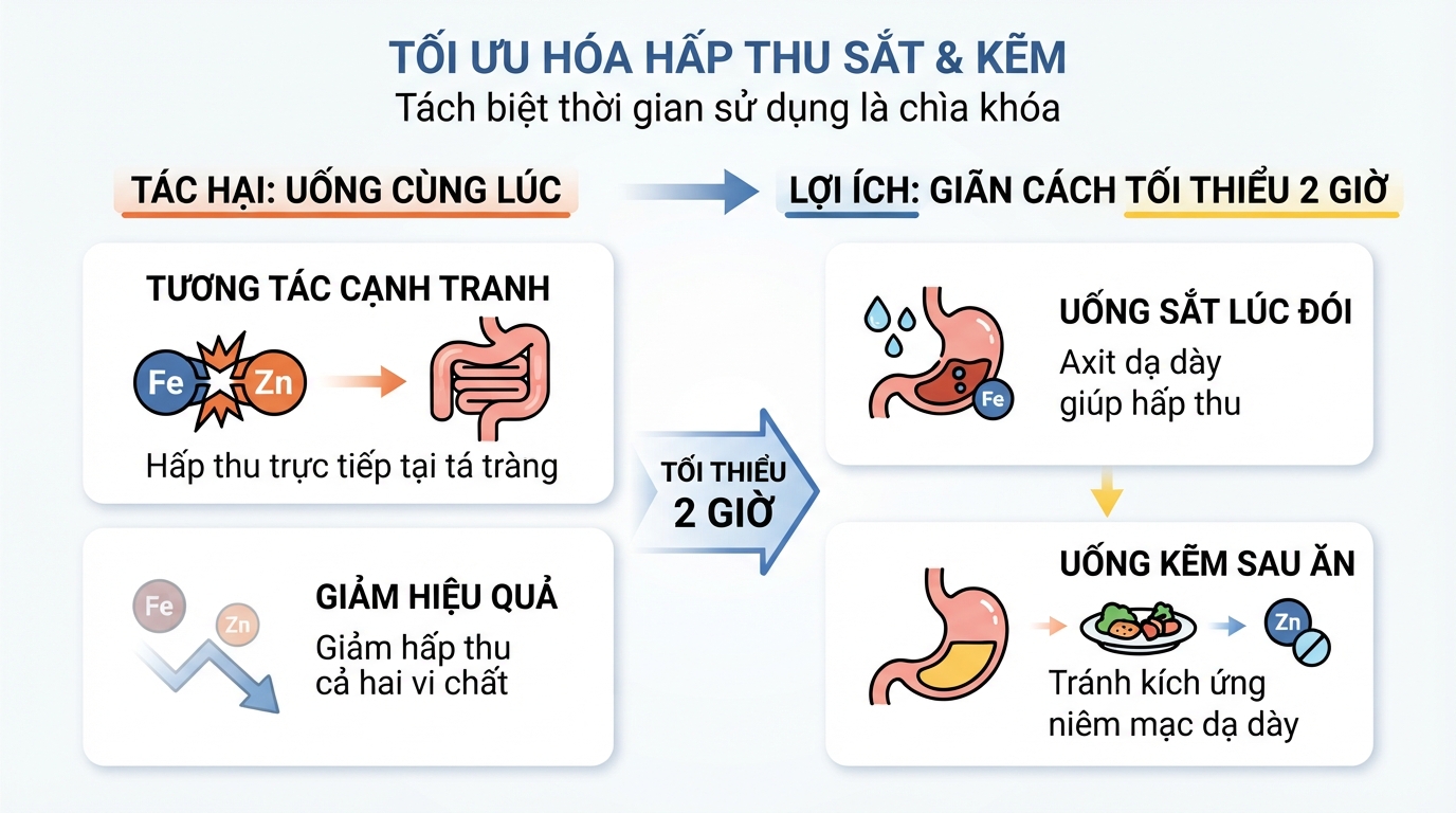 Uống sắt cách kẽm ít nhất 2 giờ giúp tối ưu hóa khả năng hấp thụ.