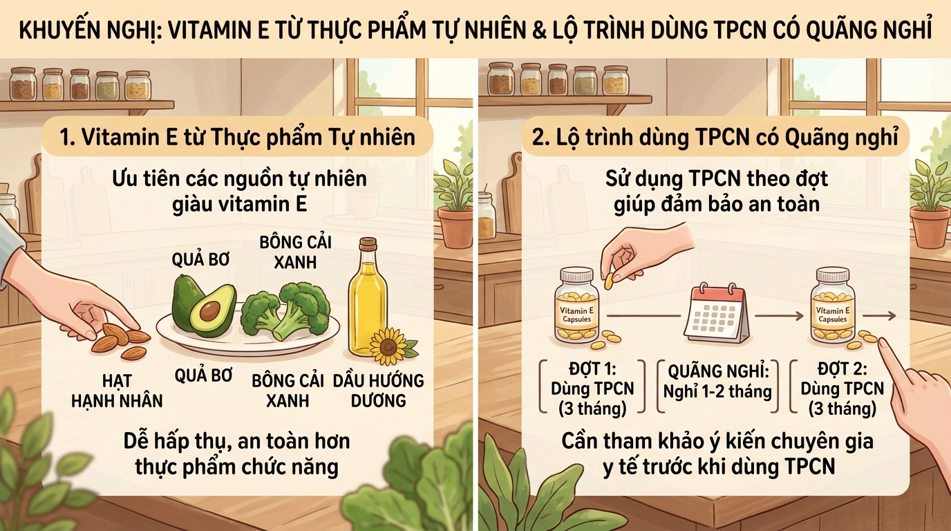 Ưu tiên vitamin E từ thực phẩm tự nhiên và dùng theo đợt giúp đảm bảo an toàn.