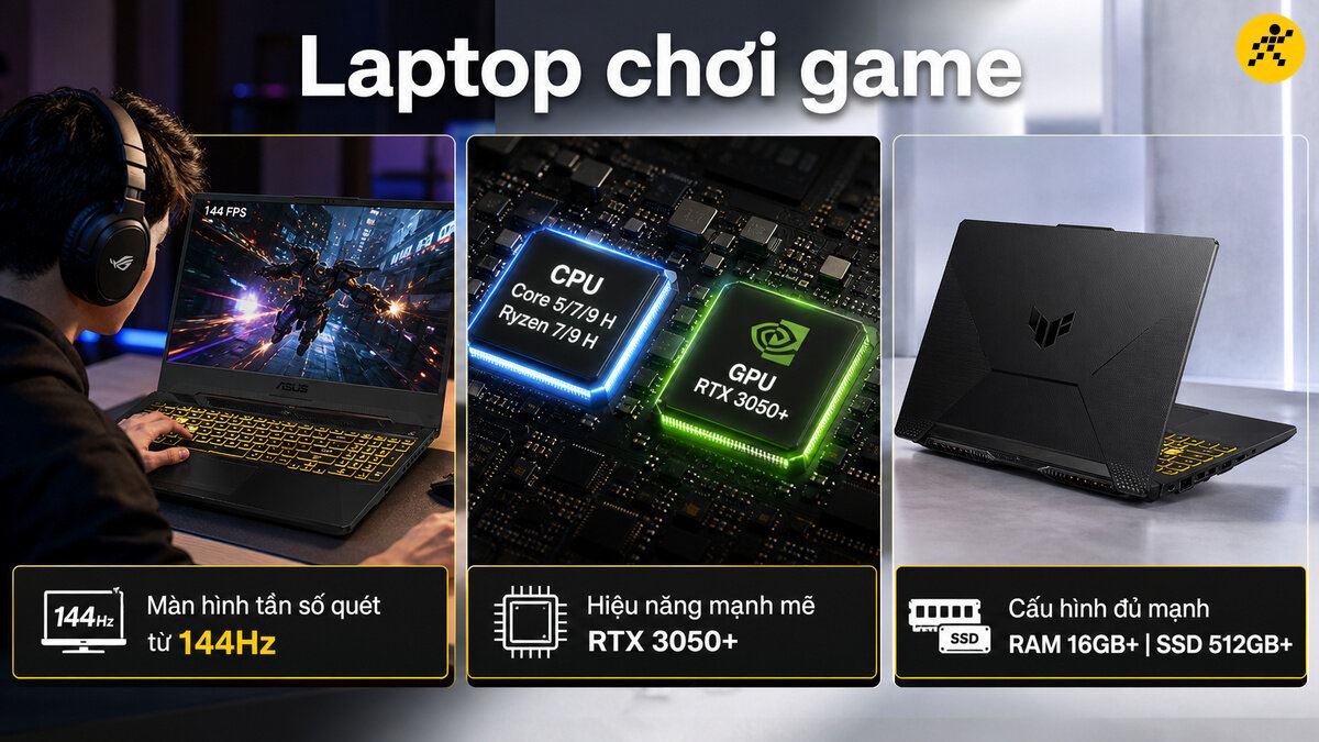 Chàng trai đeo tai nghe chơi game trên laptop Asus với màn hình 144Hz, CPU Core i7/i9 H, GPU RTX 3050+, RAM 16GB và SSD 512GB.