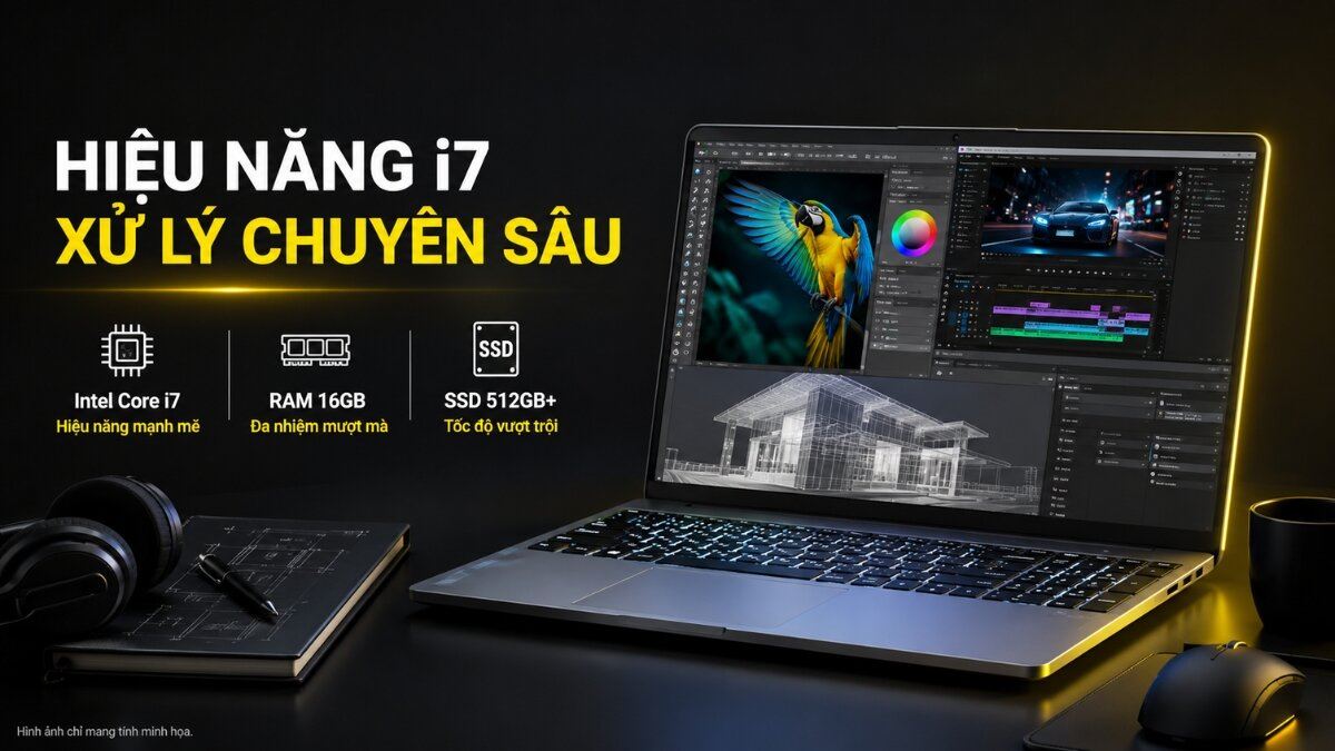 Laptop Dell mạnh mẽ cho công việc sáng tạo. Laptop Dell hiển thị phần mềm chỉnh sửa ảnh, video và thiết kế 3D, với thông số nổi bật Intel Core i7, RAM 16GB, SSD 512GB+, đặt trên bàn cùng tai nghe và chuột.