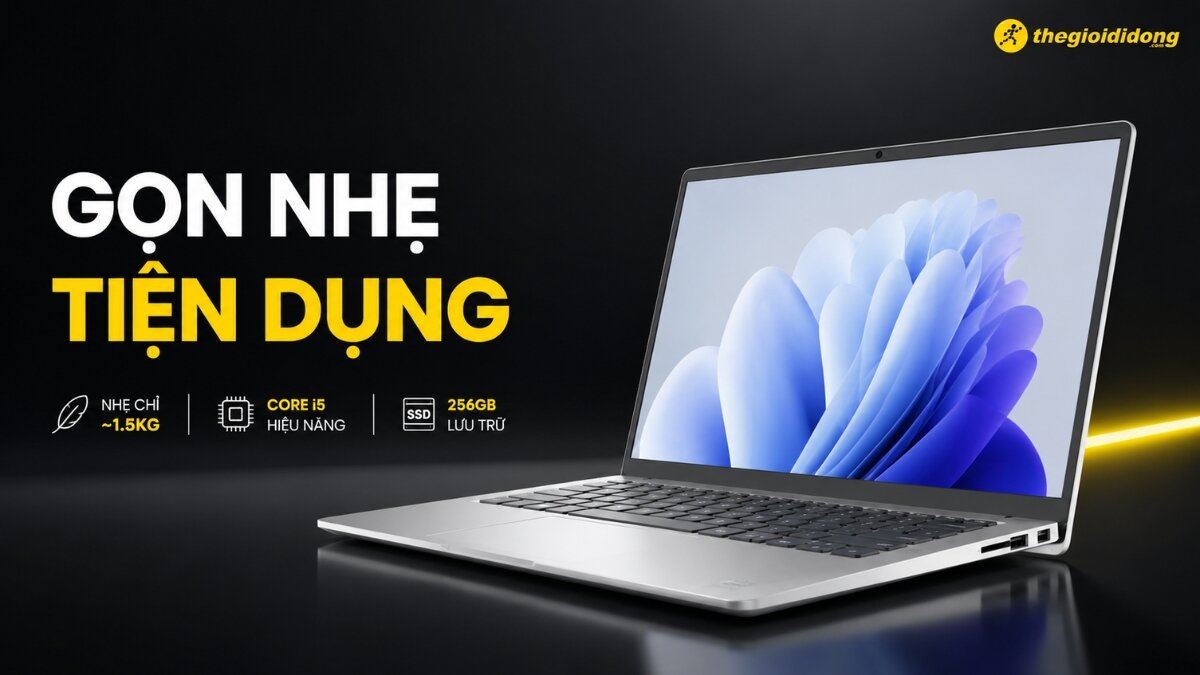Laptop gọn nhẹ tiện dụng với cấu hình Core i5, SSD 256GB Máy tính xách tay màu bạc đang mở màn hình hiển thị hình nền trừu tượng màu xanh tím, cùng với các thông số nổi bật như trọng lượng ~1.5kg, chip Core i5 và SSD 256GB.