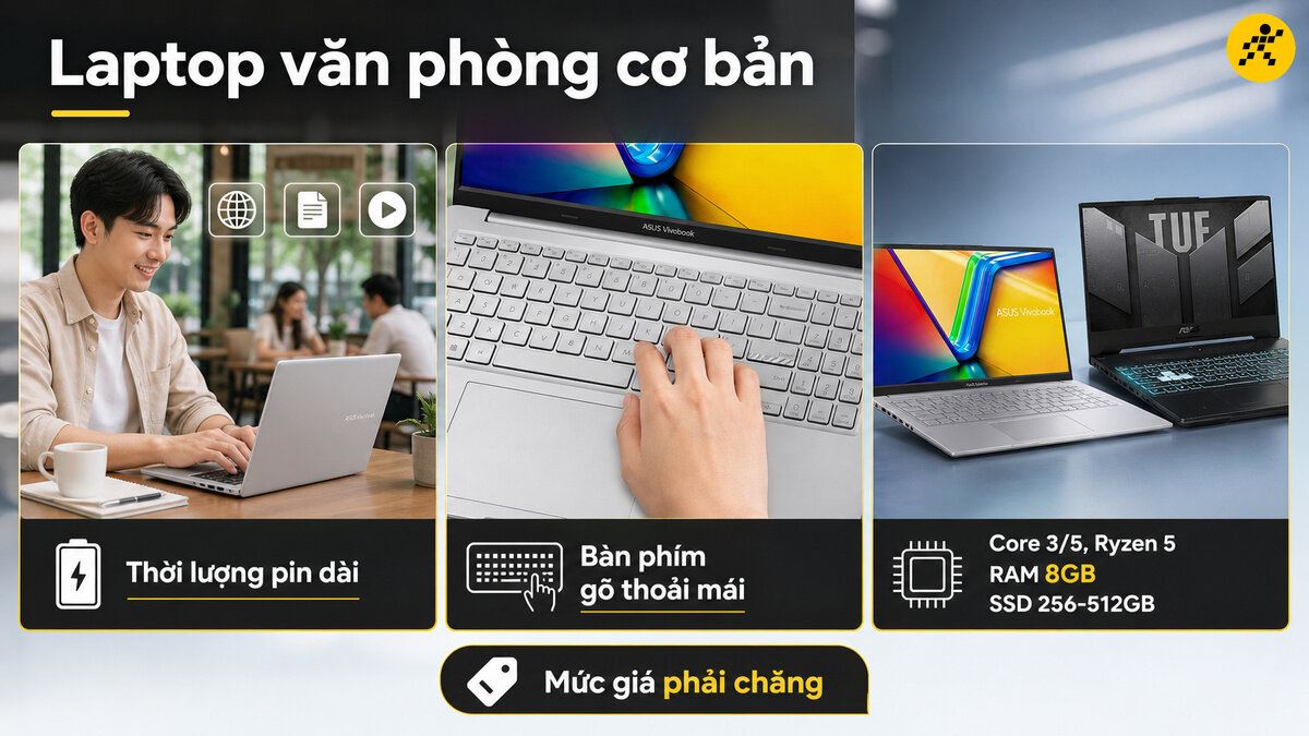 Người dùng thao tác trên laptop ASUS Vivobook và ASUS TUF Gaming với thời lượng pin dài, bàn phím gõ thoải mái và cấu hình đáp ứng tốt nhu cầu cơ bản.