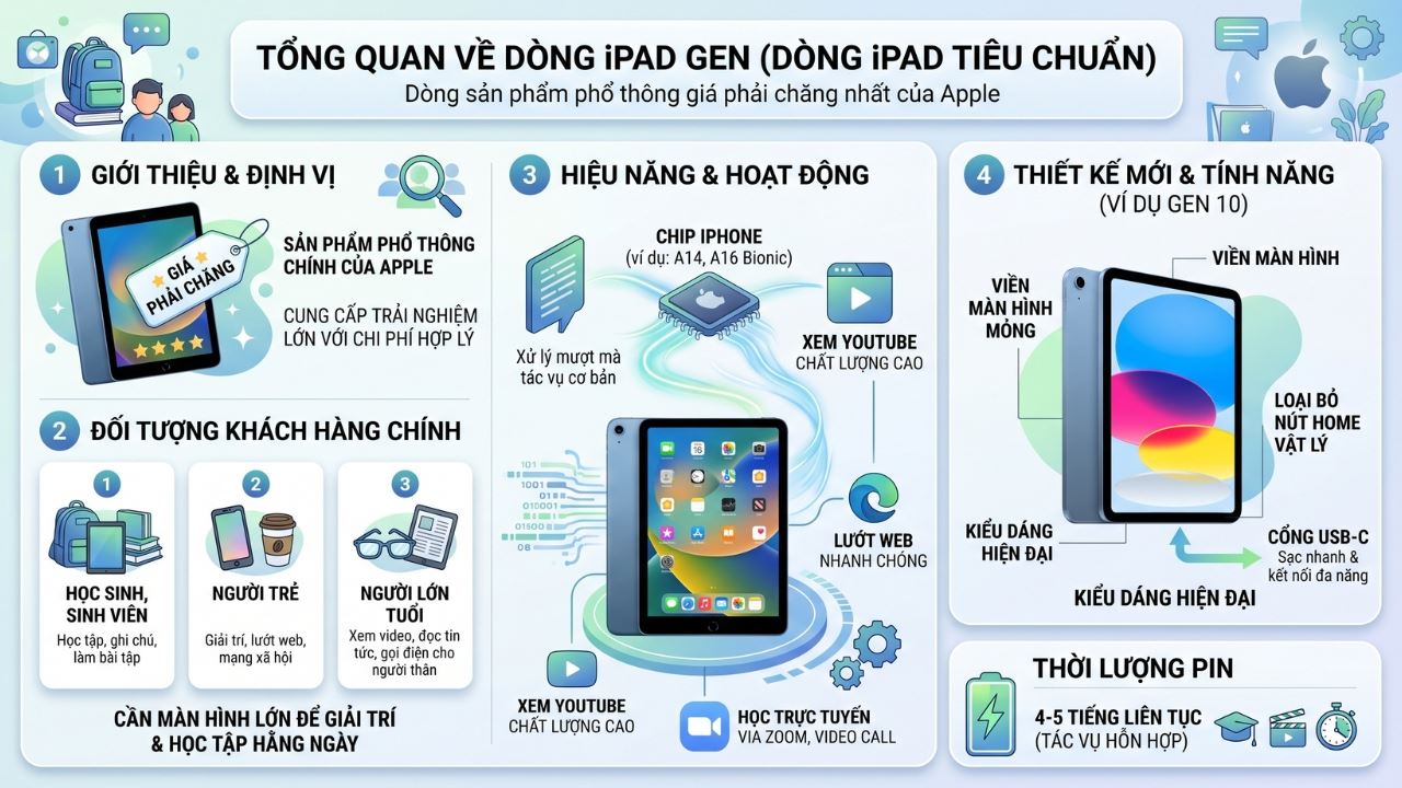 Dòng máy tính bảng iPad Gen với nhiều tùy chọn màu sắc cá tính dành cho học sinh, sinh viên