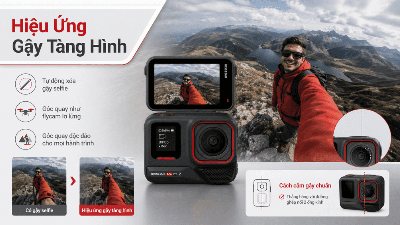 Thuật toán thông minh của máy sẽ tự động xóa gậy selfie khỏi khung hình ngay trong quá trình xử lý hình ảnh thời gian thực