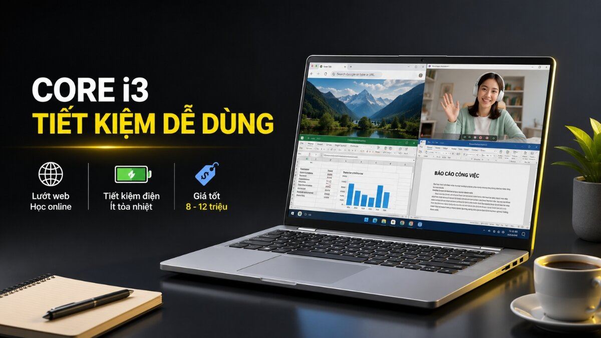 Laptop Dell Core i3 với khả năng làm việc đa nhiệm hiệu quả Laptop Dell màu bạc hiển thị nhiều ứng dụng cùng lúc như trình duyệt web, cuộc gọi video, Excel và Word, cùng với thông tin về hiệu năng Core i3, tiết kiệm điện và giá cả.