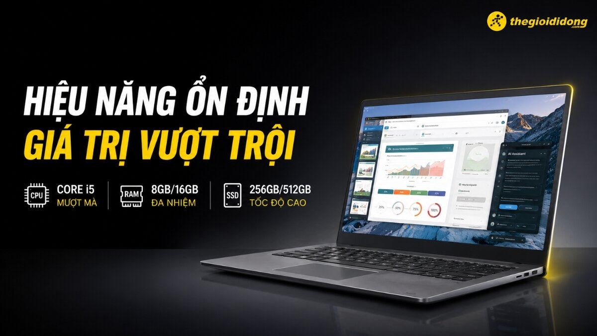 Hiệu Năng Ổn Định, Giá Trị Vượt Trội Máy tính xách tay với màn hình hiển thị giao diện phần mềm phân tích và trợ lý ảo, kèm thông số kỹ thuật nổi bật về hiệu năng và giá trị vượt trội.