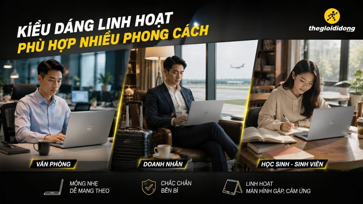 Laptop Dell đa năng cho mọi phong cách Ba người dùng laptop Dell trong các môi trường khác nhau: văn phòng, sân bay và quán cà phê, thể hiện tính linh hoạt của sản phẩm.