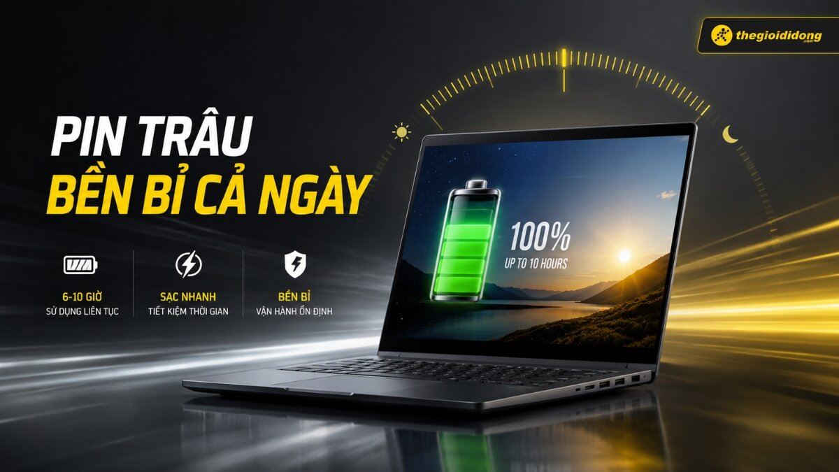 Pin laptop bền bỉ cả ngày Laptop hiển thị pin đầy 100% dùng lên đến 10 giờ, quảng cáo tính năng pin trâu bền bỉ, sạc nhanh và hoạt động ổn định.