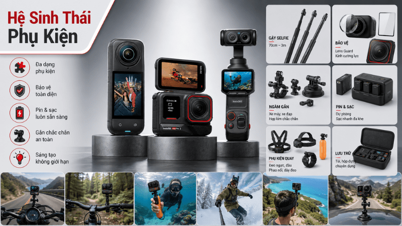 Hệ sinh thái phụ kiện đi kèm của Insta360 vô cùng phong phú