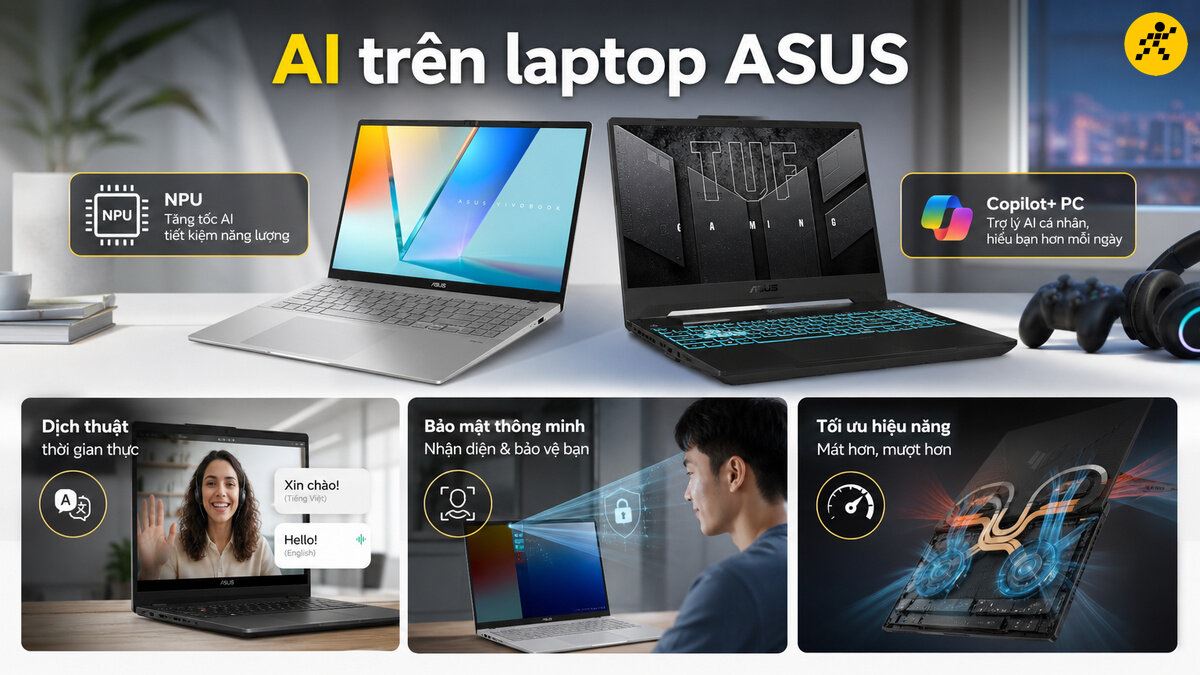 Hai chiếc laptop ASUS với màn hình hiển thị các tính năng AI như dịch thuật, bảo mật thông minh và tối ưu hiệu năng.