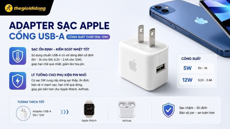 Cốc sạc Apple USB-A công suất thấp 5W cạnh tai nghe AirPods và đồng hồ Apple Watch