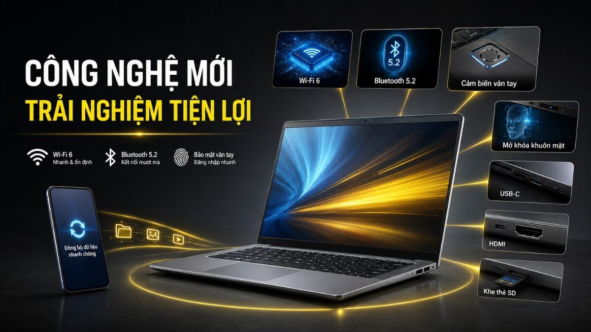 Công nghệ và tính năng kết nối trên laptop Dell Laptop Dell với màn hình hiển thị sống động, làm nổi bật các công nghệ và cổng kết nối hiện đại như Wi-Fi 6, Bluetooth 5.2, cảm biến vân tay, mở khóa khuôn mặt, USB-C, HDMI và khe thẻ SD.