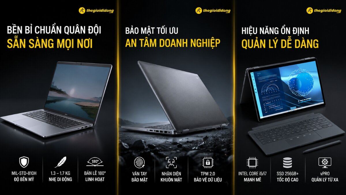 Các tính năng nổi bật của laptop Dell dành cho doanh nghiệp Ba mẫu laptop Dell khác nhau, mỗi mẫu minh họa một tính năng nổi bật: độ bền chuẩn quân đội, bảo mật tối ưu và hiệu năng ổn định, kèm theo thông số kỹ thuật và công nghệ bảo mật.