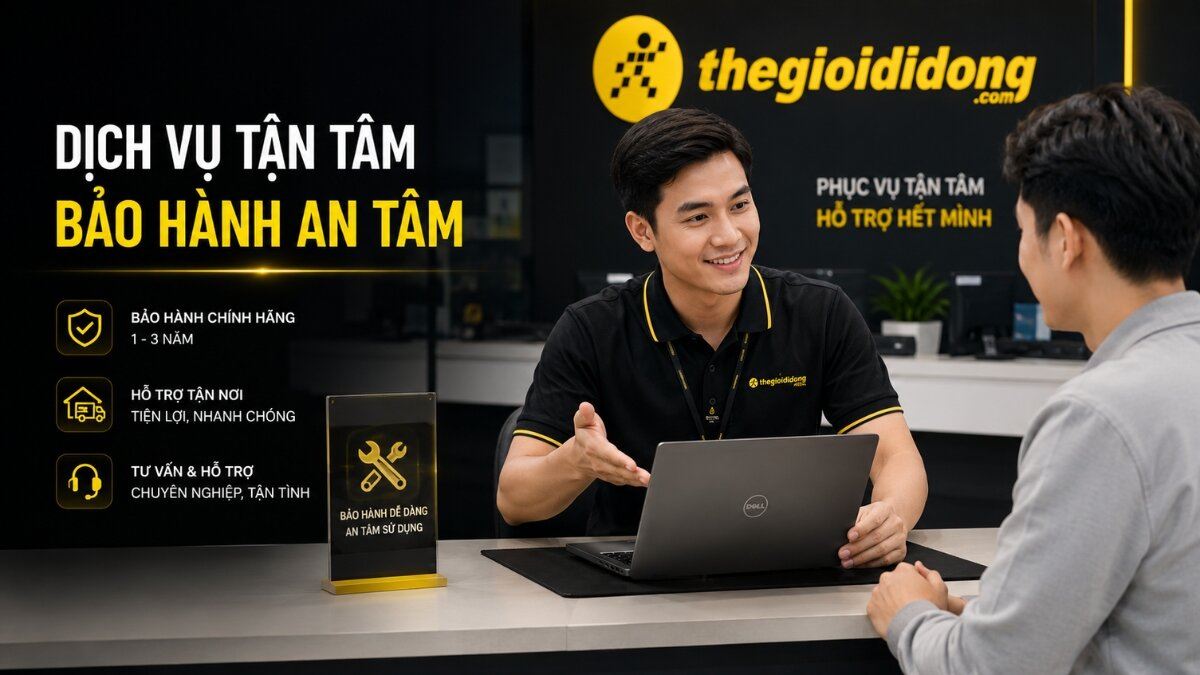 Tư vấn và bảo hành laptop Dell Nhân viên Thegioididong đang tư vấn cho khách hàng về dịch vụ bảo hành và hỗ trợ laptop Dell, với hình ảnh logo Thegioididong cùng các cam kết dịch vụ.