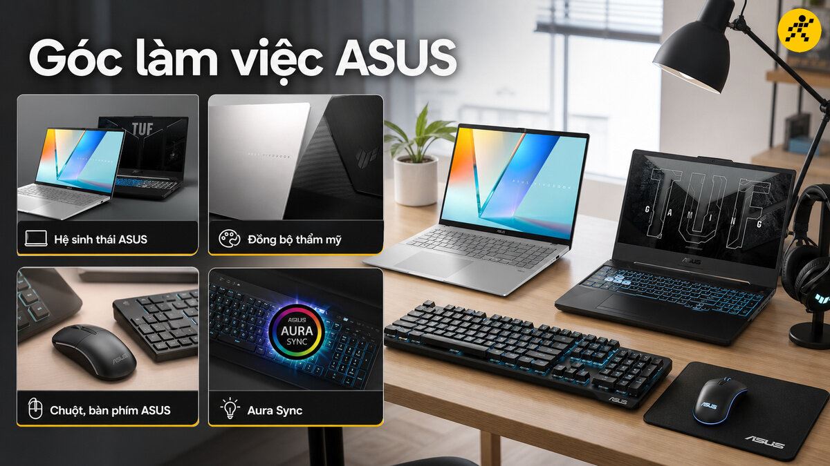 Màn hình laptop ASUS TUF Gaming với logo lớn, bàn phím có đèn RGB và phụ kiện đi kèm.