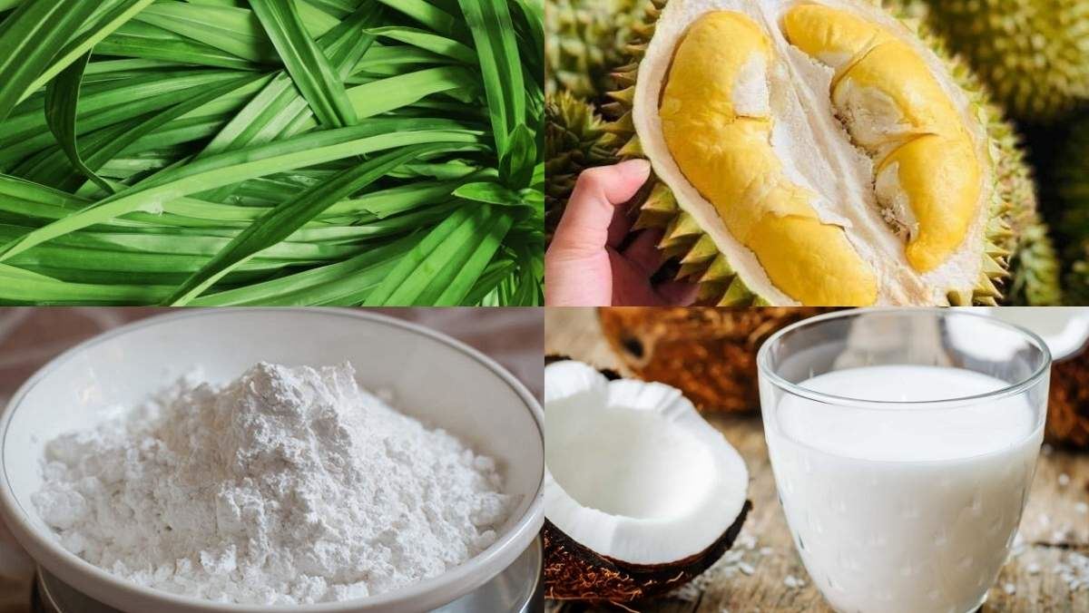Nguyên liệu món ăn bánh da lợn lá dứa đậu xanh sầu riêng