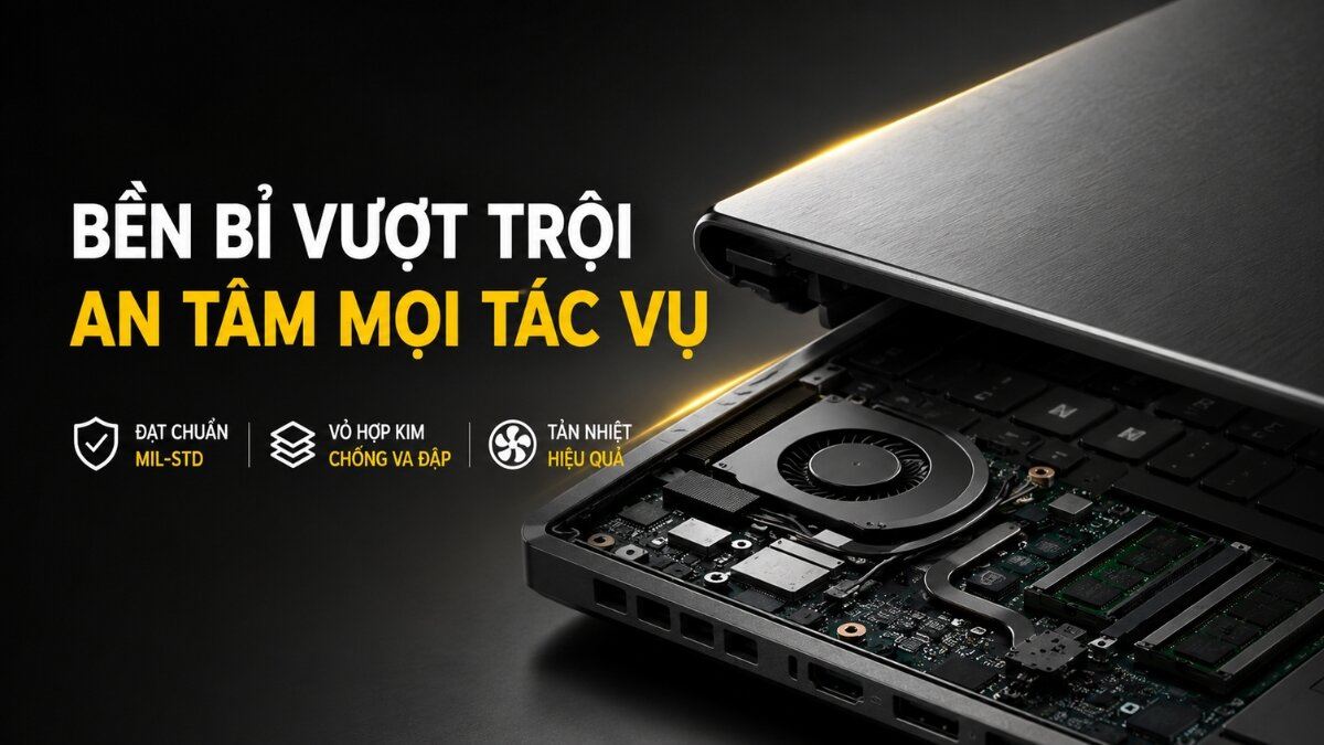 Cấu tạo bên trong và hiệu suất tản nhiệt của laptop Dell Laptop Dell mở nắp lộ rõ cấu trúc bên trong, bao gồm quạt tản nhiệt lớn, bo mạch chủ và các khe RAM. Bên cạnh đó, thông tin về độ bền chuẩn MIL-STD, vỏ hợp kim chống va đập và tản nhiệt hiệu quả cũng được hiển thị rõ ràng.